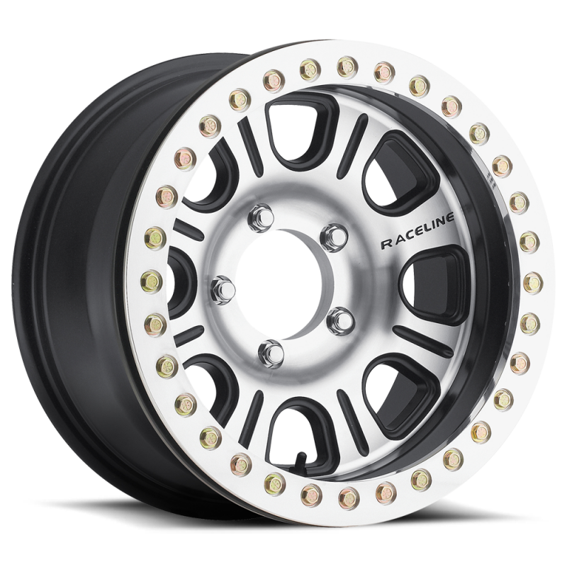 Raceline RT232 Monster 17x8.5in/5x127 BP/-25mm Offset/83.82mm Bore - Black & Machined Beadlock Wheel