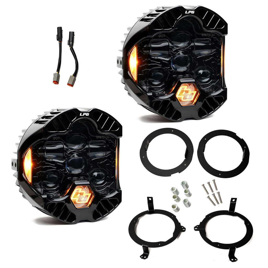 Baja Designs DOT LP6 LED Headlight Kit for Jeep Wrangler JL and Gladiator JT, includes LED lights and mounting hardware.